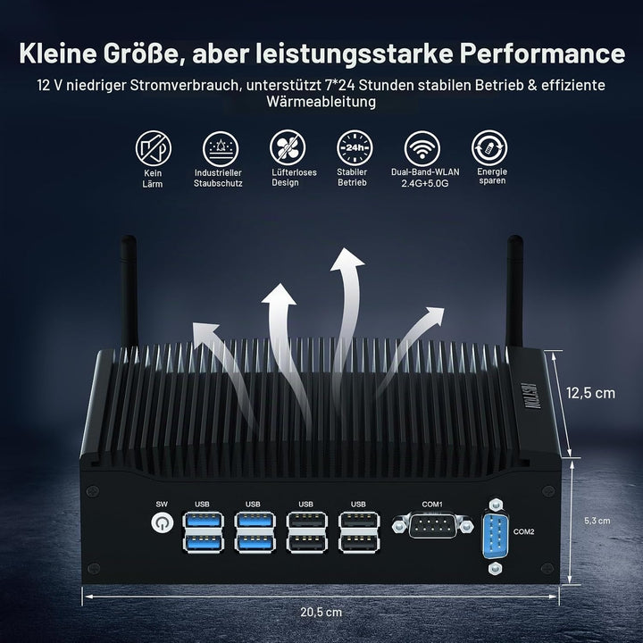 HISTTON Lüfterlos Mini PC Industrie PC, Dual Core i5-8265U, DDR4 16 GB RAM 512 GB SSD, 2 RS232 COM,