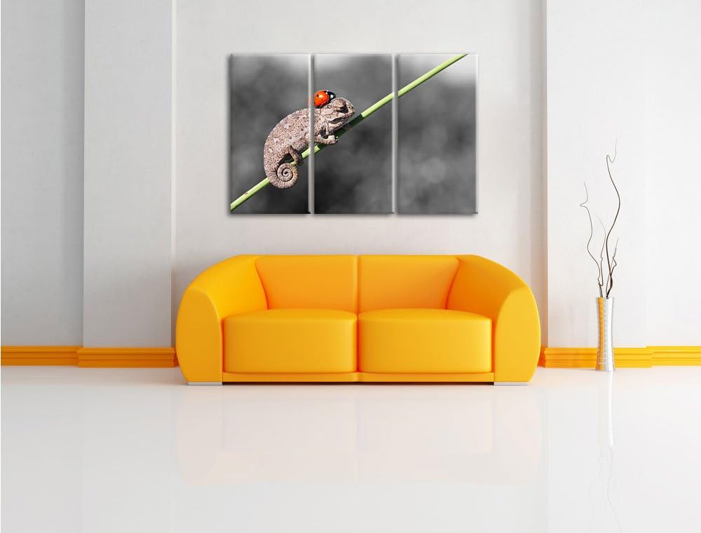 Pixxprint Süsser Gecko mit einem Marienkäfer als Leinwandbild | Grösse: 3 Teilig (120x80) | Wandbild