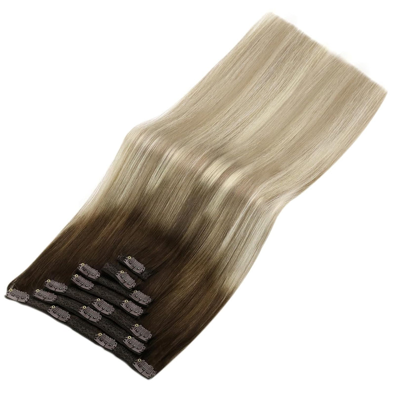 YoungSee Echthaar Extensions Clip Balayage Clip in Extensions Echthaar Braun Blond 35cm Extensions C