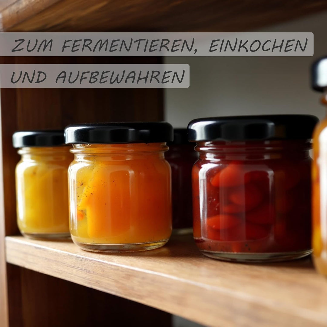 gouveo 48er Set Einmachgläser 40 ml Mini mit Schraub-Deckel schwarz - Mini Vorratsgläser mit Drehver