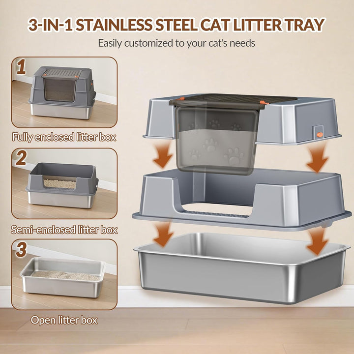 Edelstahl Katzenklo mit Deckel, XXXL Geschlossene Metall Katzentoilette, 70 x 50 x 45 cm, 105° Klapp