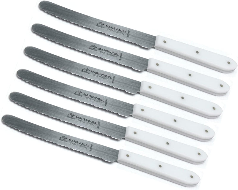 Marsvogel - 6 Stück Tafelmesser mit Wellenschliff - POM spitz Weiss - Made in Solingen 6er Pack Tafe