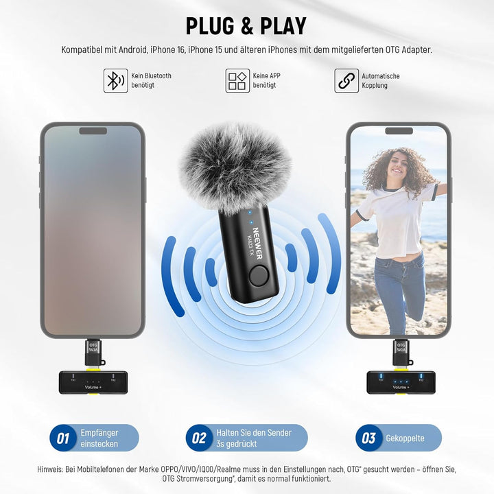NEEWER Kabelloses Lavalier Mikrofon Set für USB C, Mini Ansteckmikrofon mit Geräuschunterdrückung un