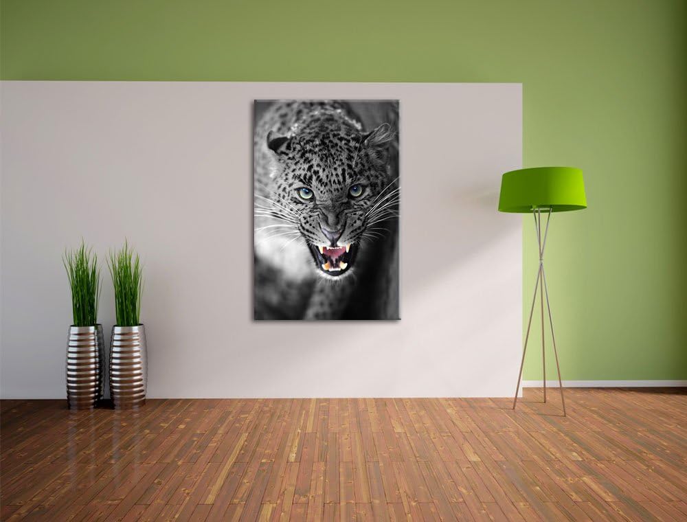 schöner fauchender Leopard schwarz/weiss Format: 100x70 auf Leinwand, XXL riesige Bilder fertig gera