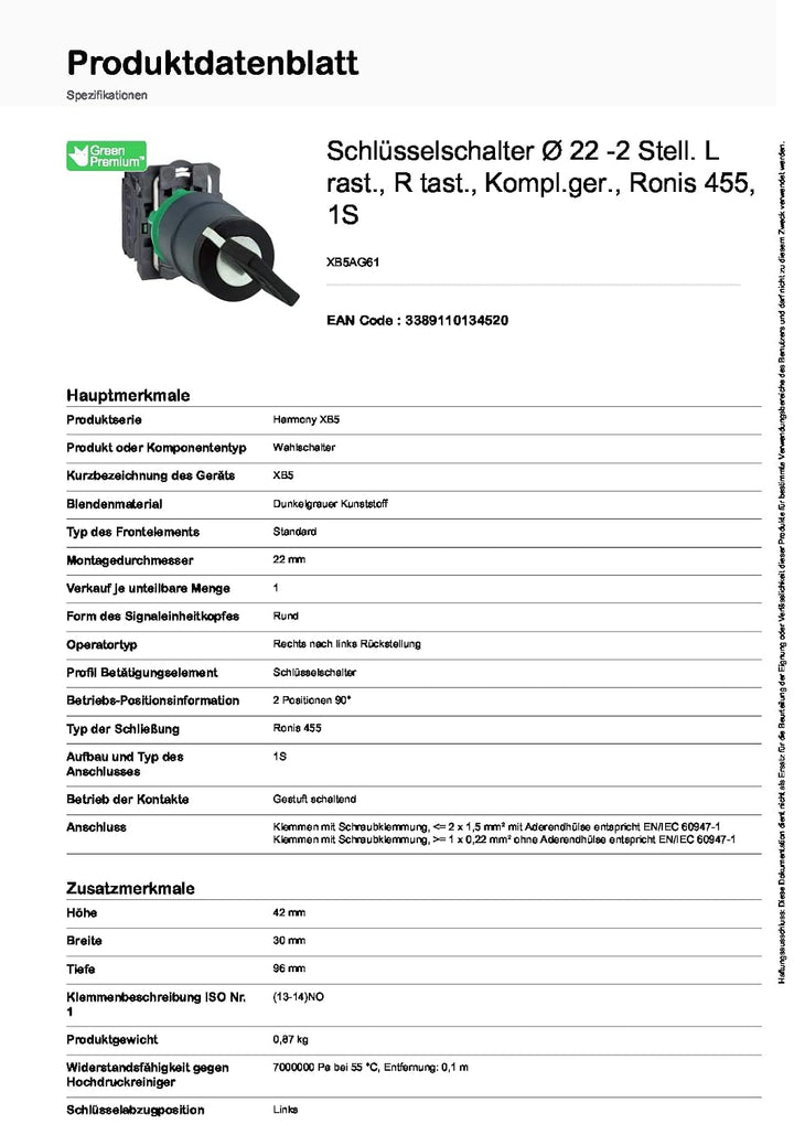 Schneider Electric | XB5AG61 - Schlüsselschalter Ø 22mm -2 Positionen 90°, Rechts nach links Rückste