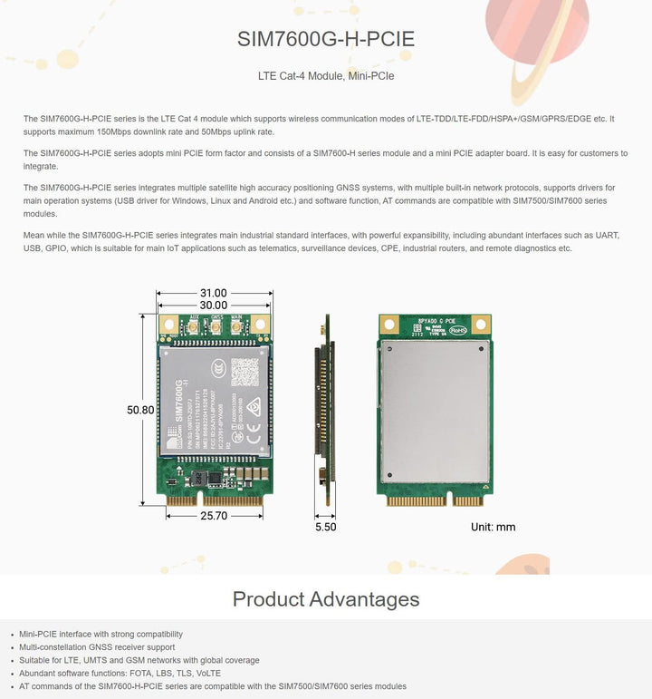 Waveshare SIM7600G-H-PCIE SIMCom Original 4G LTE Cat-4 Module Support Global Coverage GNSS/LTE-TDD/L