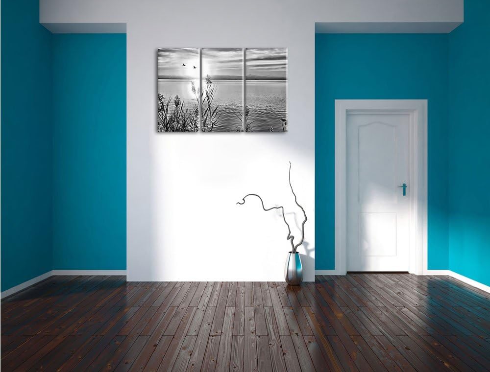 Pixxprint Monocrome, Sonnenuntergang am See 3-Teiler Leinwandbild 120x80 Bild auf Leinwand