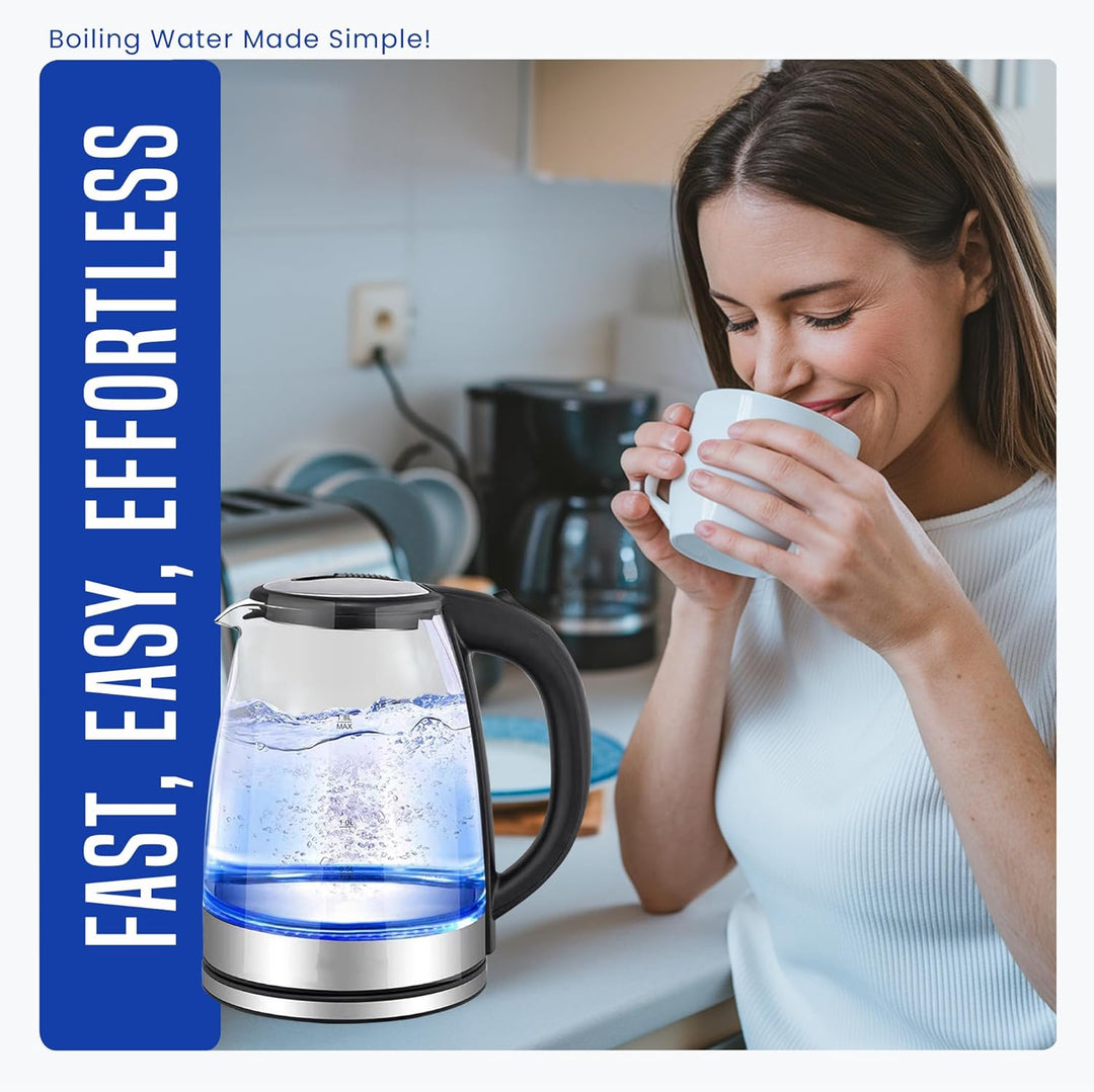 Leyf Glas Wasserkocher 1,8L - 1500W, BPA-frei, 360° drehbare Basis, LED-Beleuchtung, automatische Ab