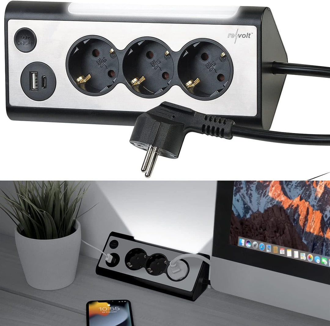 revolt Mehrfachstecker: 3-Fach-Steckdose mit LED-Nachtlicht, 1x USB A QC, 1x USB C PD, schwarz (Ecks