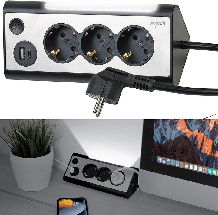 revolt Mehrfachstecker: 3-Fach-Steckdose mit LED-Nachtlicht, 1x USB A QC, 1x USB C PD, schwarz (Ecks