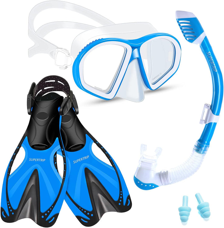 Supertrip Kinder Schnorchelset 3-teilig, Schnorcheln Set mit Flossen, Taucherbrille mit Tempered Gla