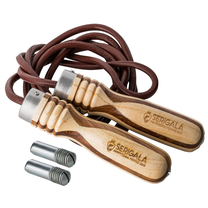 Serigala Profi Springseil aus Leder mit Holzgriffen - Lederspringseil mit Kugellagern und Gewichten