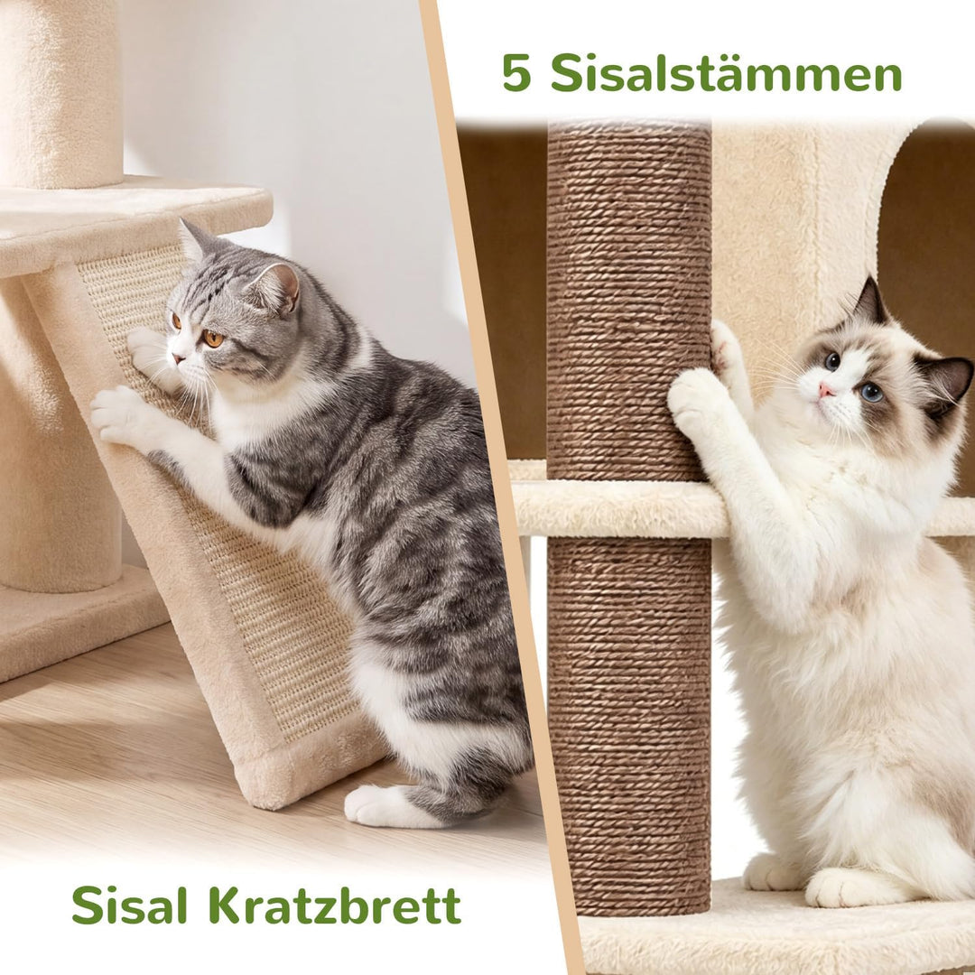 Globlazer Kratzbaum Stabil Beige mit Grosse Loungebereich für 2/3 Katzen S56 | Katzenbaum 143cm Plat