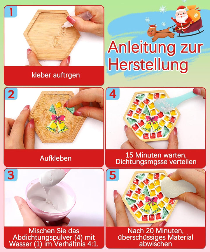 Finsink Mosaik bastelset kinder 4pcs Weihnachten Mosaik Untersetzer Bastelset DIY Holz Untersetzer S