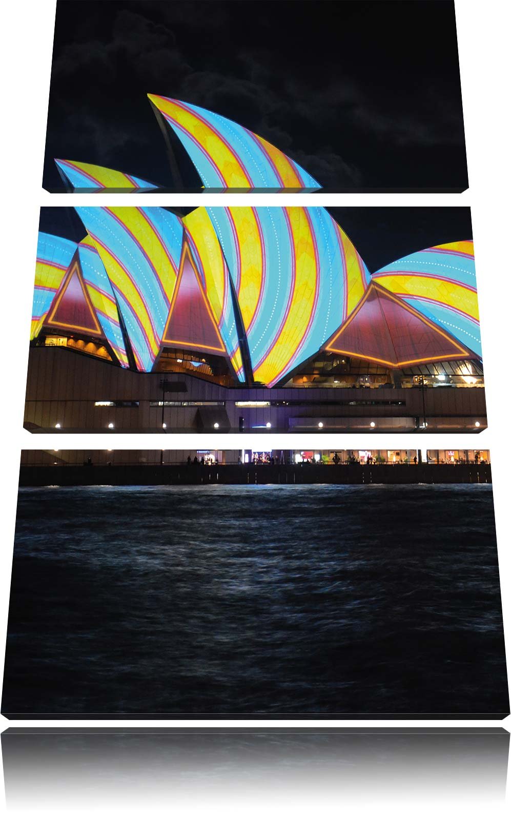 Pixxprint Sydney Opera House blau gelbe Streifen 3-Teiler Leinwandbild 120x80 Bild auf Leinwand