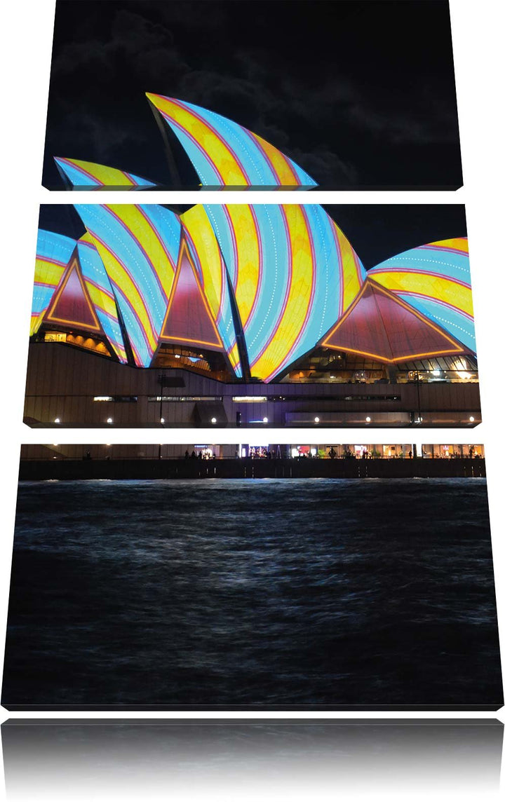 Pixxprint Sydney Opera House blau gelbe Streifen 3-Teiler Leinwandbild 120x80 Bild auf Leinwand