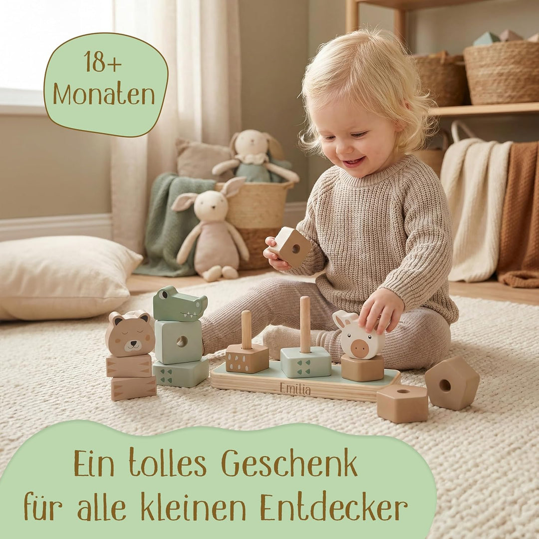 Stapelturm personalisiert mit Name – Jollein FSC Holz Baby Stapelspielzeug mit 3 Tierköpfen – Gesche