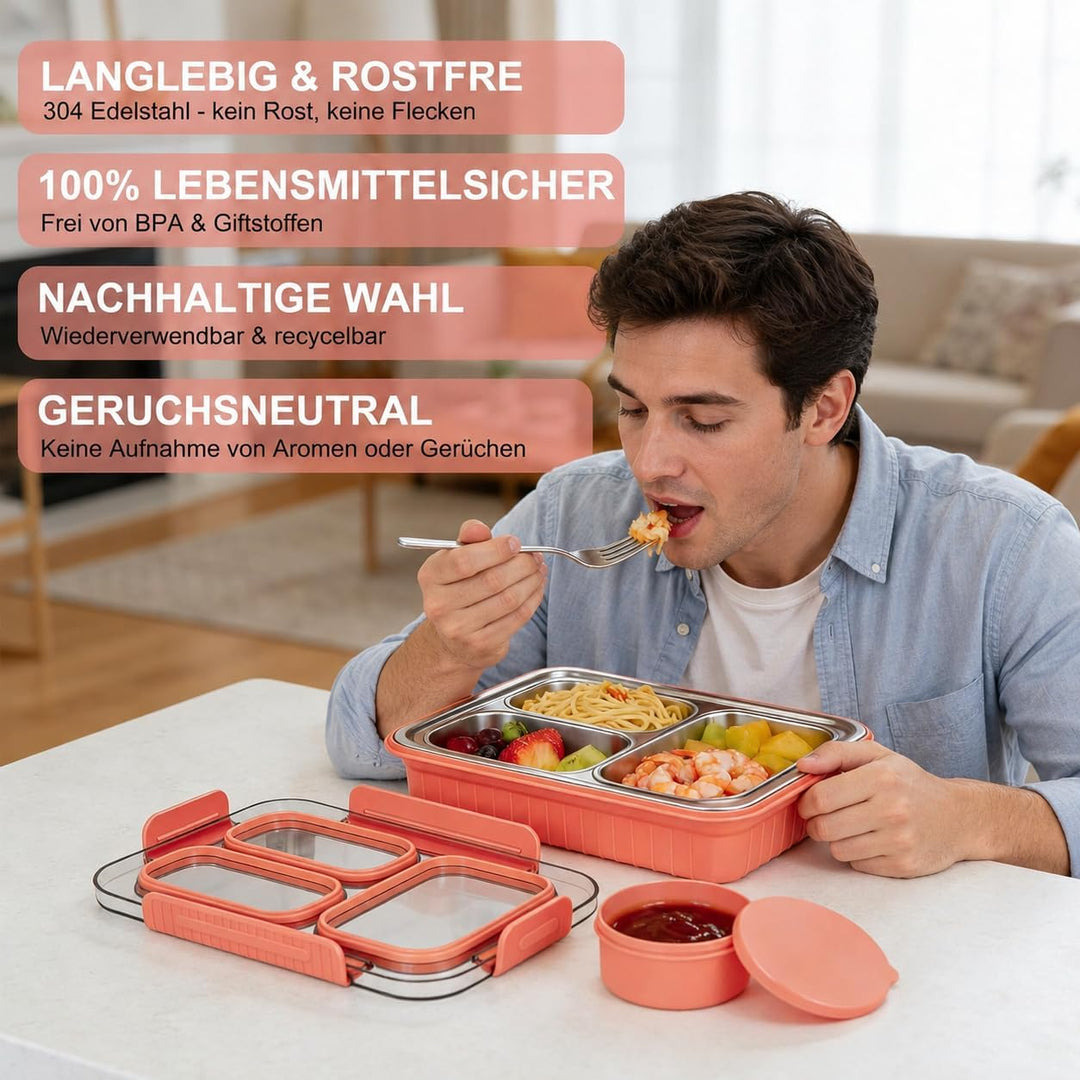 Edelstahl Brotdose Kinder 900ml Metall Bento Lunchbox,Brotdose mit 3 Trennfächern,Bento Lunch Box Ki