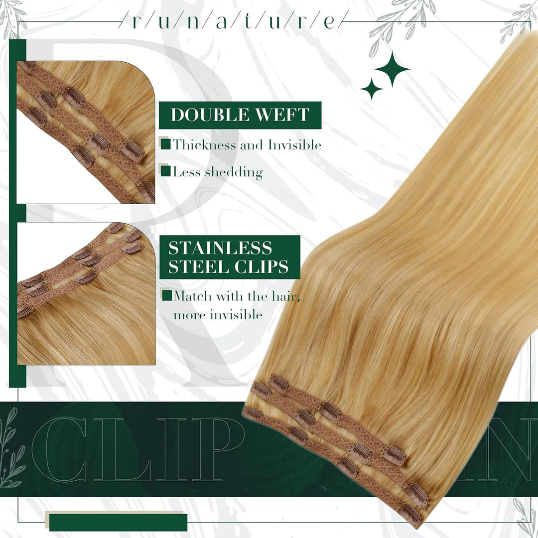 RUNATURE Remy Clip Extensions Echthaar Highlighted Blond 35cm Clip Echthaar Haarverlängerung Unsicht