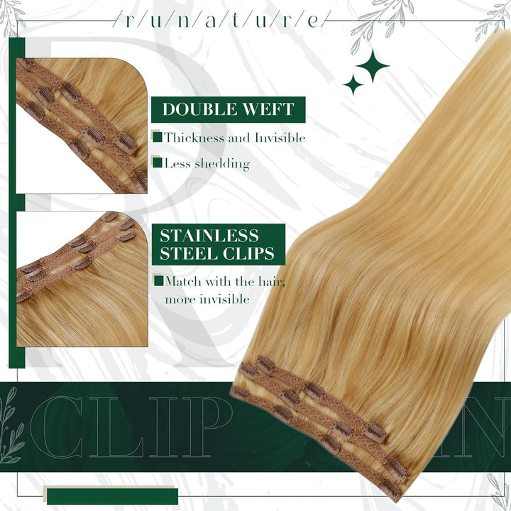 RUNATURE Clip in Extensions Echthaar Blond Extensions Clip in Echthaar 45cm Goldblond mit Hellblond