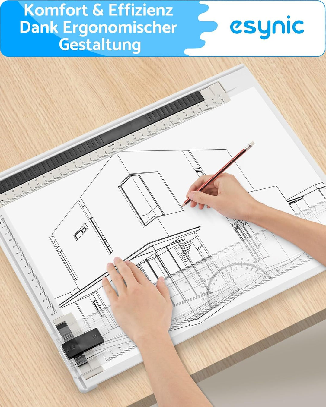 eSynic Zeichenbrett DIN A4 Zeichenplatte Zeichentisch A4 Schnellzeichendreieck mit Rotationslineal &