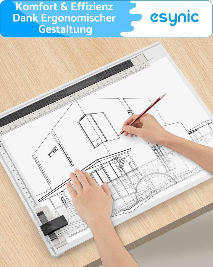 eSynic Zeichenbrett DIN A4 Zeichenplatte Zeichentisch A4 Schnellzeichendreieck mit Rotationslineal &