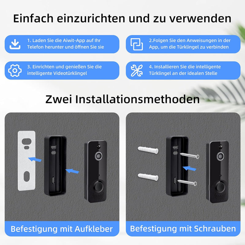 Tolesum WLAN Video Türklingel mit Kamera, Kabellose WiFi Türklingel mit Batterie, HD Video Doorbell