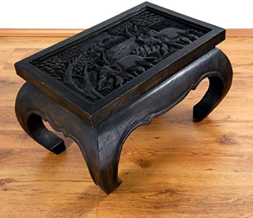 livasia Opiumtisch Glasplatte, Beistelltisch, Couchtisch aus Massivholz mit Elefantenschnitzerei (sc