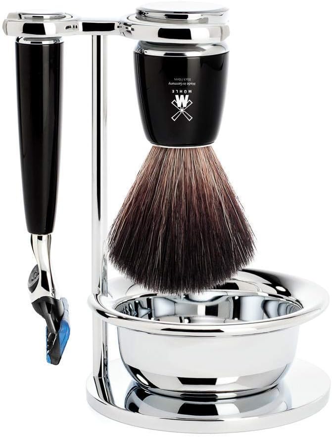 MÜHLE Rytmo Rasierset - Schale, Black Fibre-Pinsel, Rasierer kompatibel mit Gillette-Klingen, Stände