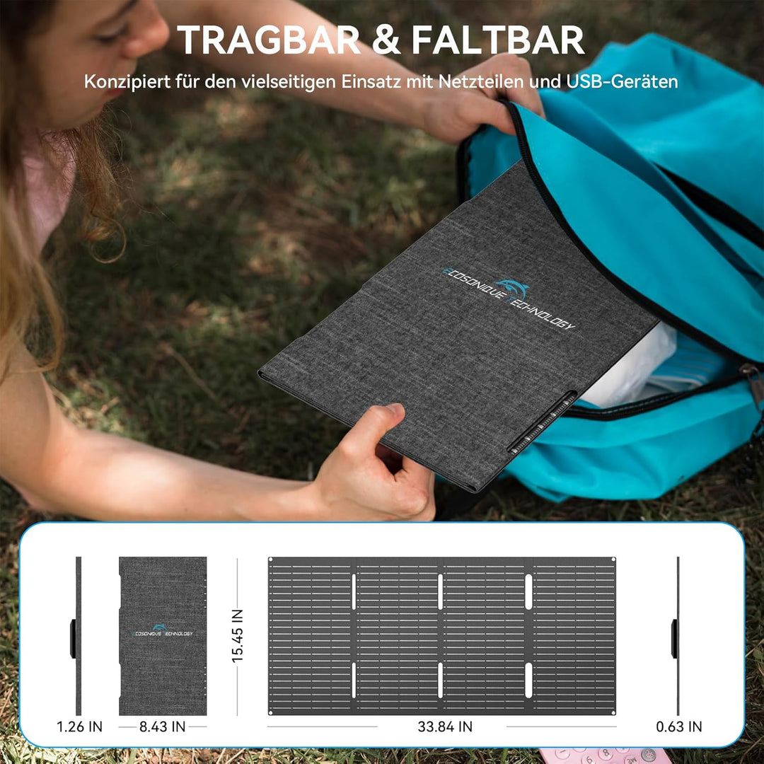 Ecosonique 60W Tragbares Solarpanel Faltbares Solarmodul schnelles Aufladen mit USB-C PD3.0 USB-A QC