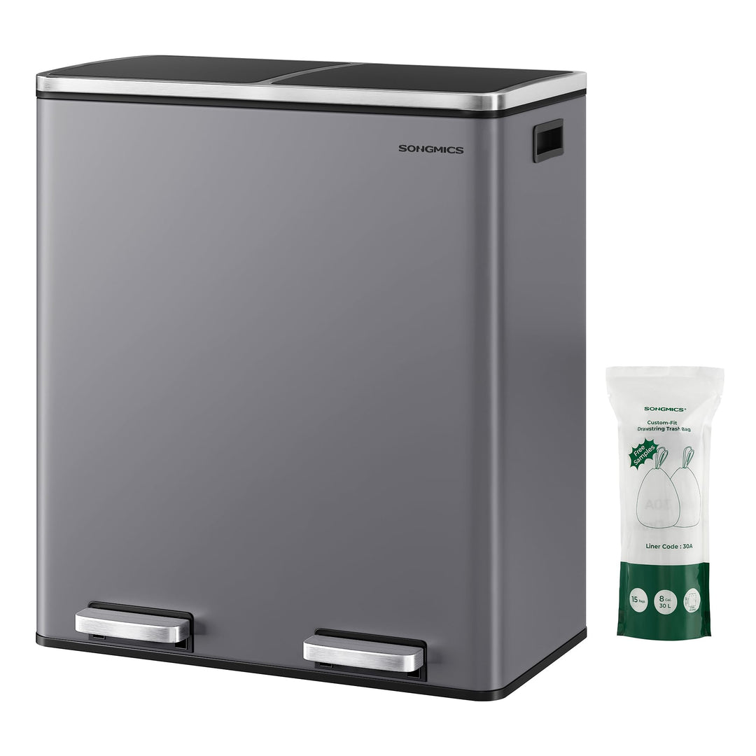 SONGMICS Mülleimer, 2 x 30 Liter, 2 Fächer, Mülltrennsystem, Treteimer, Abfalleimer Küche, 15 Müllsä