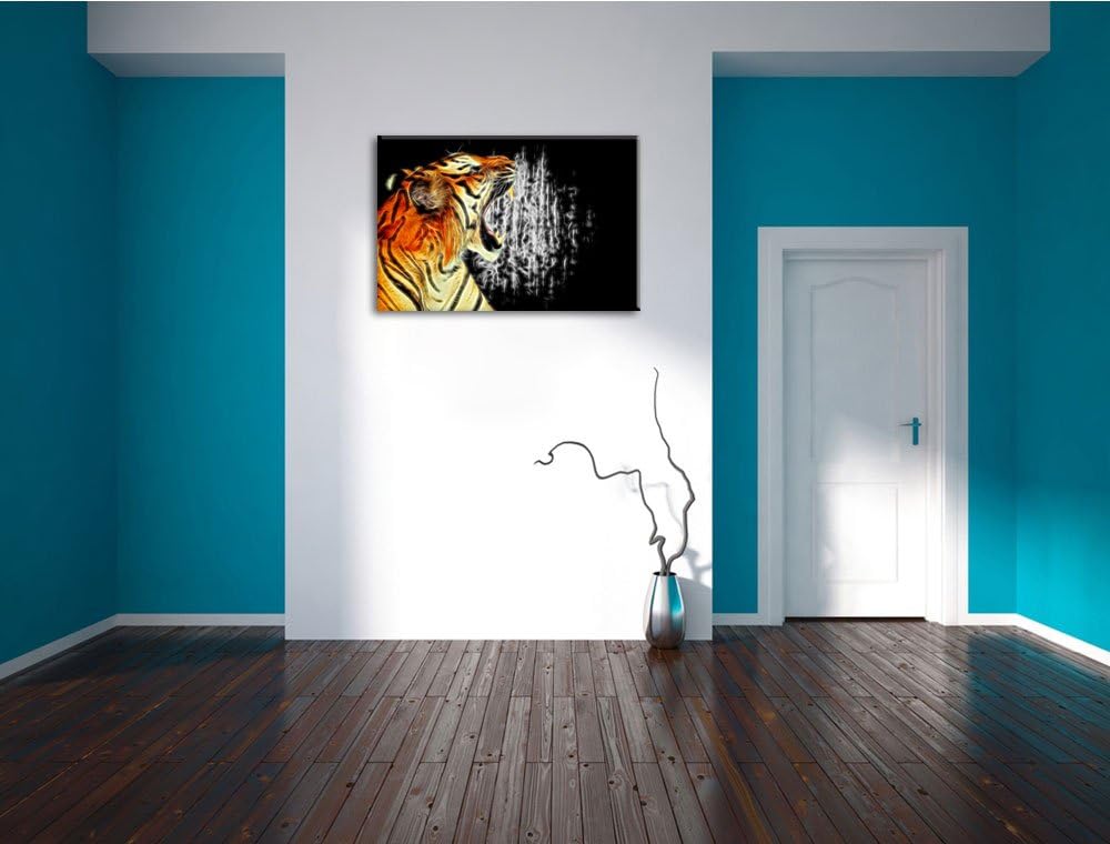 Dark Brüllender Tiger auf Leinwand, XXL riesige Bilder fertig gerahmt mit Keilrahmen, Kunstdruck auf
