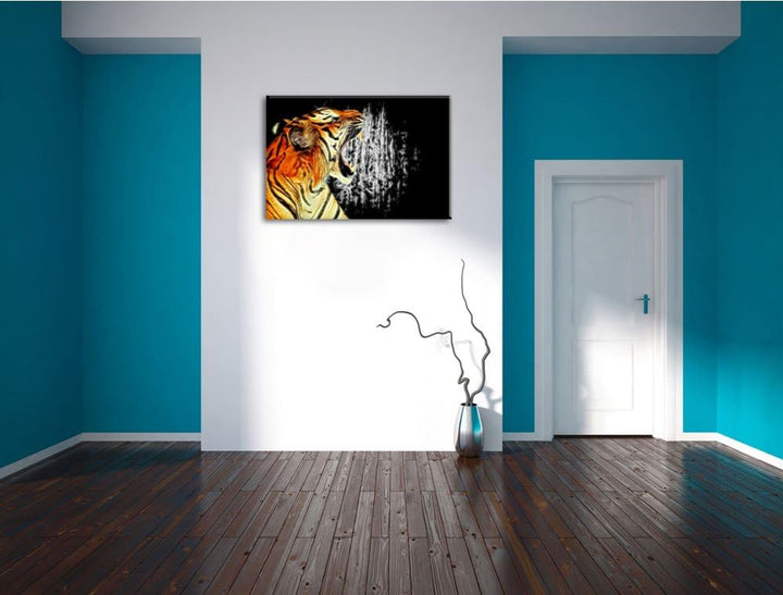 Dark Brüllender Tiger auf Leinwand, XXL riesige Bilder fertig gerahmt mit Keilrahmen, Kunstdruck auf