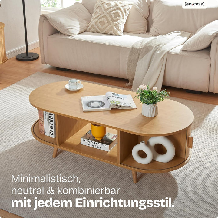 [en.casa] Couchtisch Nordkapp Wohnzimmertisch mit 2 Schiebetüren Bambus Sofatisch mit Stauraum Kaffe