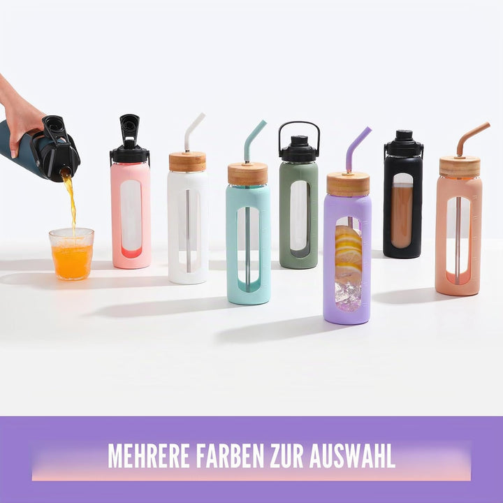 BLUEGO 700ml Glaswasserflasche mit Strohhalm und 2 Deckeln Kaffeetasse aus Glas mit Zeitmarkierung u