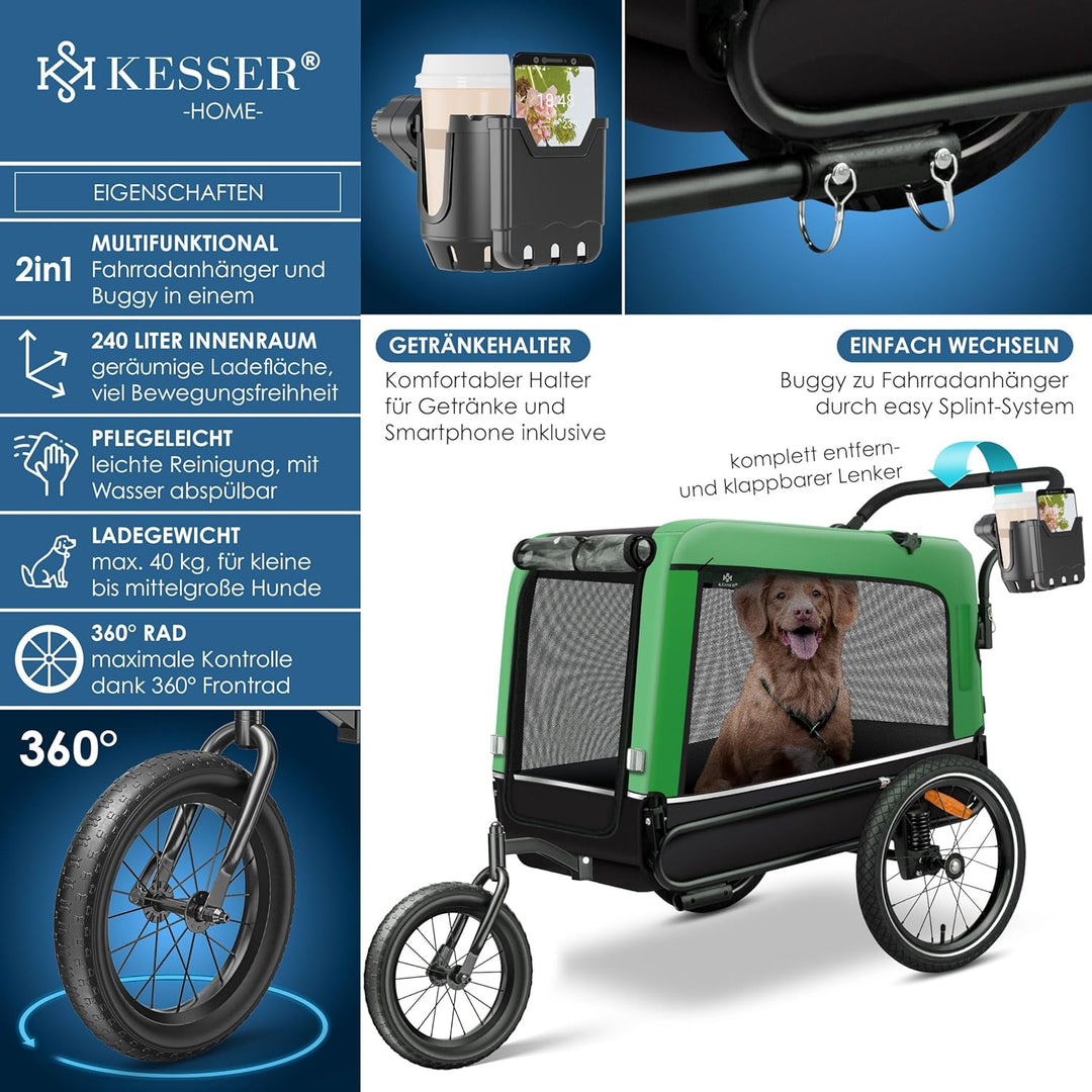 KESSER® Hundeanhänger Boxer 3-in-1 Hundebugg & Jogger Fahrradanhänger gross ca. 240 Liter Volumen, g