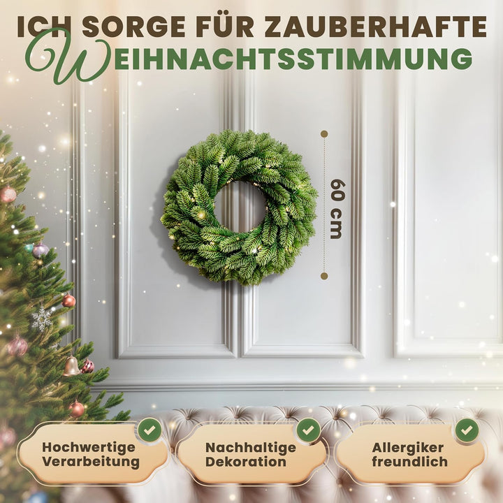 ArtiTree - Beleuchteter Weihnachtskranz für Tür - Adventskranz mit LED, Weihnachtsdeko für Aussen un