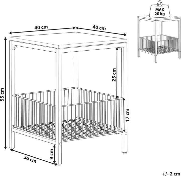 Beistelltisch dunkler Holzfarbton / schwarz Metallbeine mit Drahtkorb Bruni