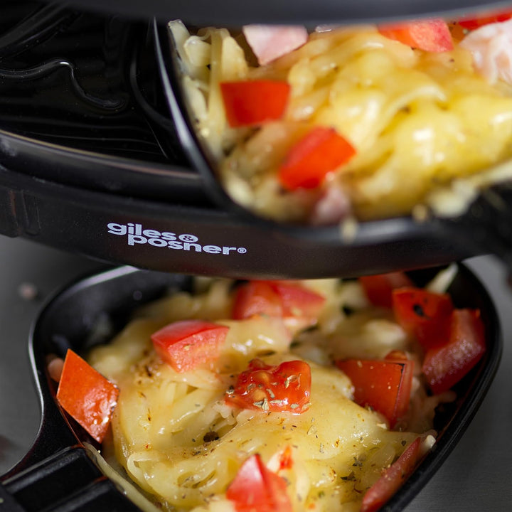 Giles & Posner Tisch-Raclette-Grill – 800W Elektrogrill mit 6 antihaftbeschichteten Pfännchen, 6 Hol