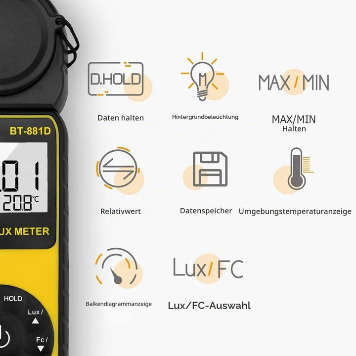 BTMETER BT-881D Digital Illuminance Light Meter, Measure Lights 0.01~400,000 Lux (0.01~40,000 FC) Fo
