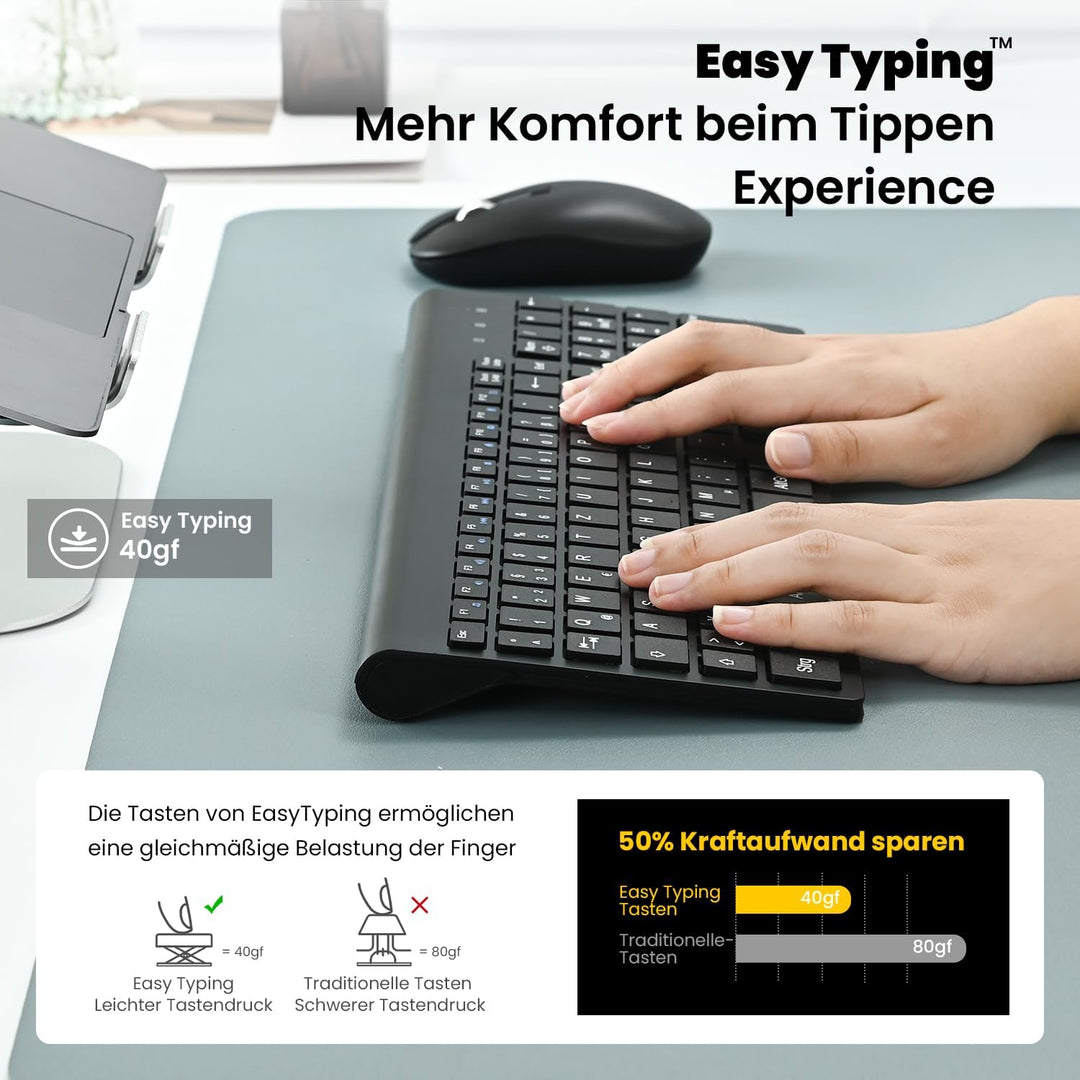 cimetech Tastatur Maus Set Kabellos, 2.4G Ultraslim Funktastatur, Ergonomische Leise Kompakte Keyboa
