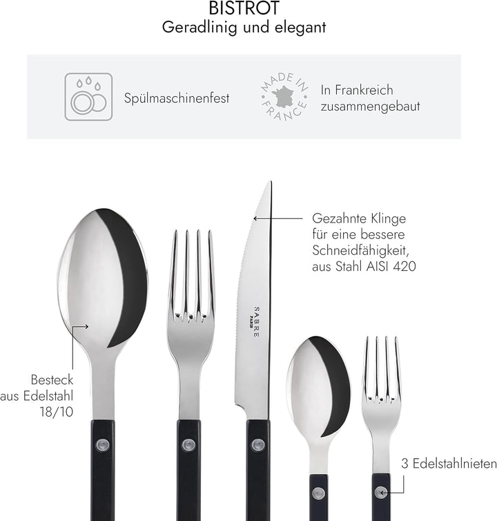 SABRE PARIS - Tafelbesteck, 5-teilig - Bistrot - Messer, Gabel, Esslöffel, Teelöffel & Kuchengabel -