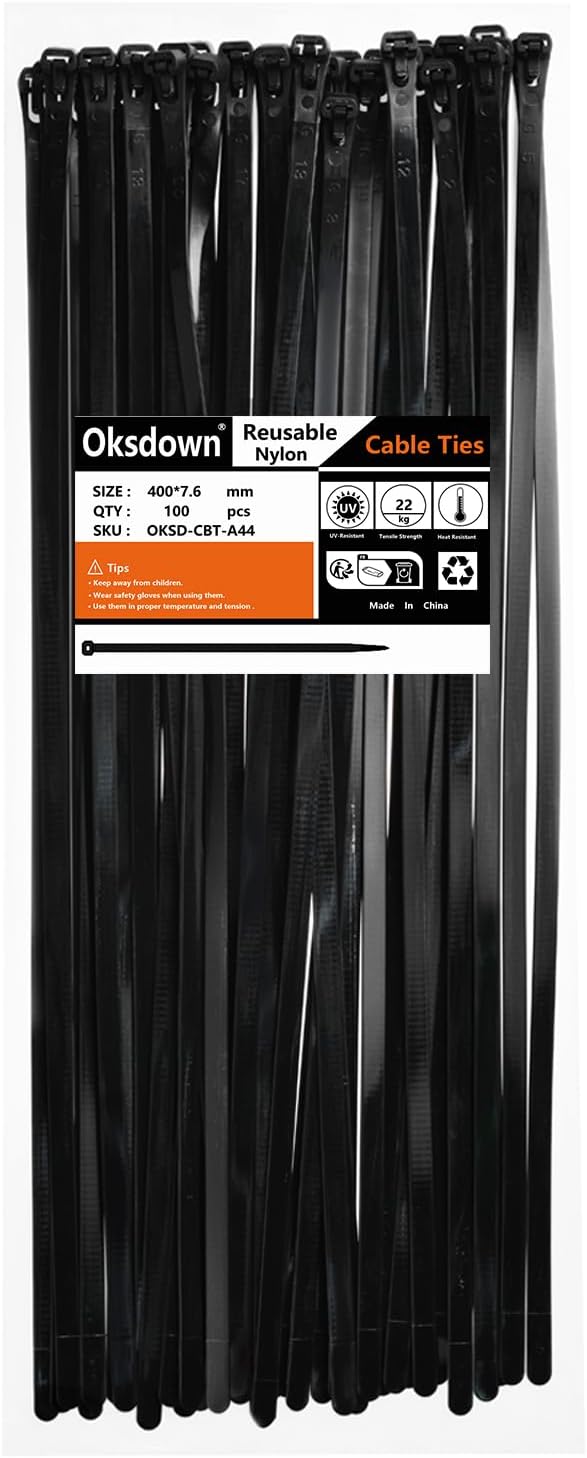 Oksdown Kabelbinder wiederverschliessbar Schwarz 400 mm × 7,6 mm 100 Stück UV-Beständig Stark Gross