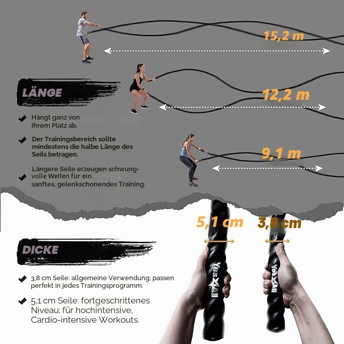 Yes4All Battle Rope 9m/12m/15m Länge - 38mm/50mm Durchmesser, Trainingsseil, Übungsseil mit Schutzhü