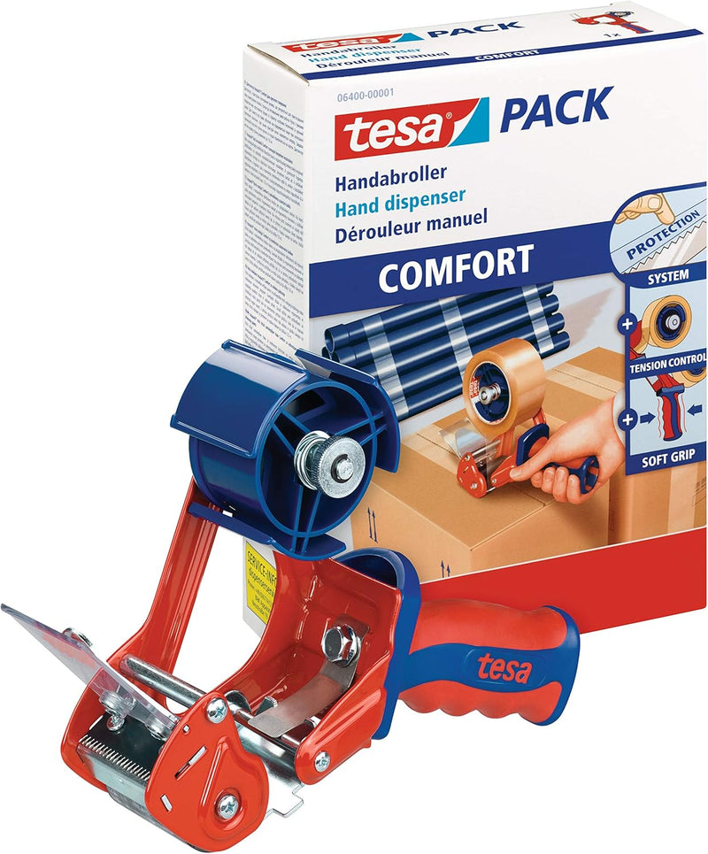 tesa 6400 Packband Handabroller COMFORT Hochwertiger, robuster Abroller für Paketbänder Profi-Qualit