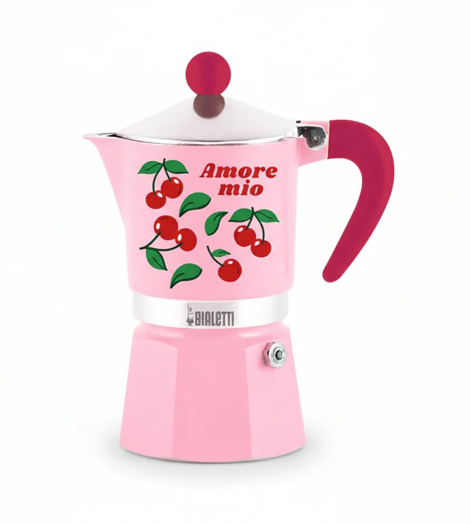 Bialetti Amore Mio Rainbow 3-Tassen-Espressokanne, Rot mit Kirschen, Aluminium, 130 ml, Manuelle Esp