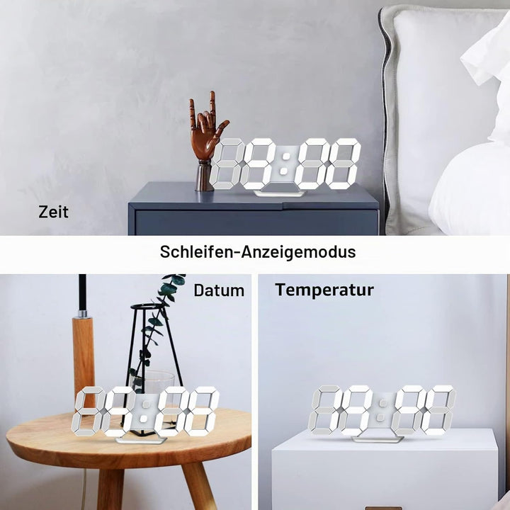 Deeyaple LED Wanduhr Digital Wecker 3D Uhr Dimmbar Snooze Modern USB 12/24Stunden Datum Temperaturan