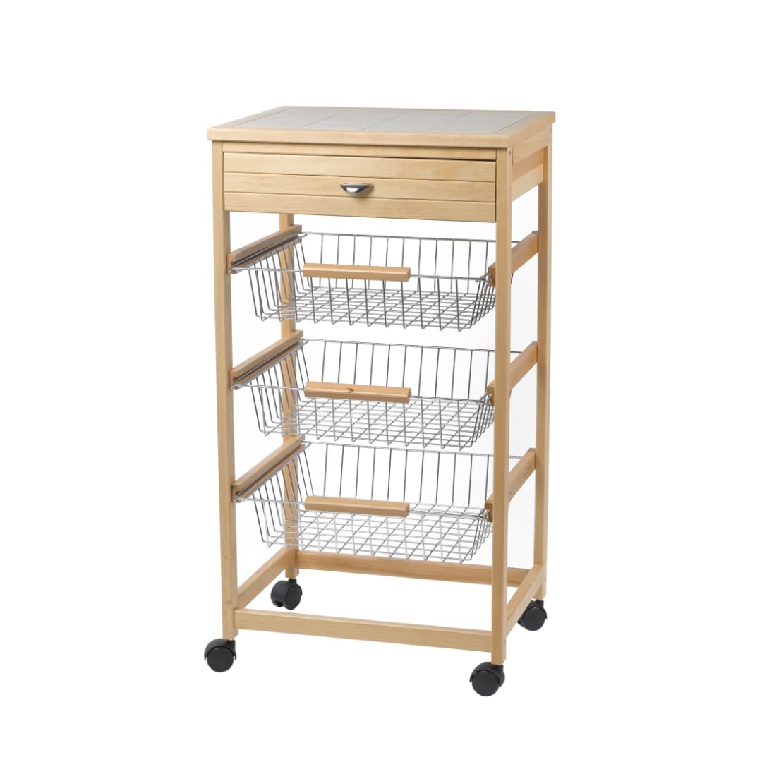 Küchenwagen aus Holz, Drehräder, Buchenholz, 3 Schubladen, platzsparend, Masse: L 45,5 x H 87,5 x T
