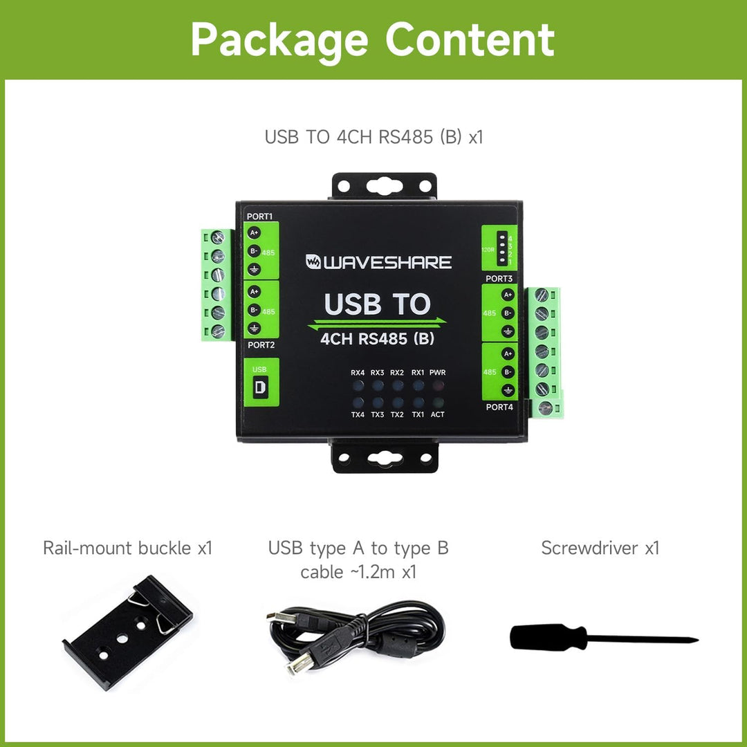 Waveshare Industrial Isolated USB to 4-Ch RS485 Converter (B), CH344L Chip, Multi Protection Circuit