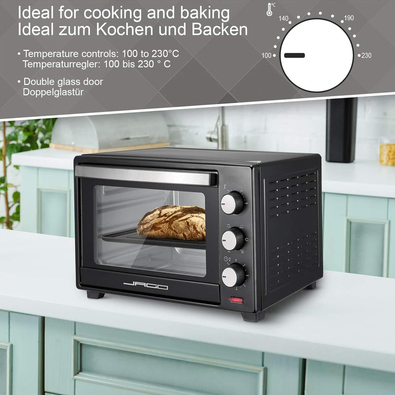 Jago® Minibackofen mit Umluft - 30/48/60L, 1600/2000W, 100 bis 230°C, Timer (0-60 Min), mit Drahtgit